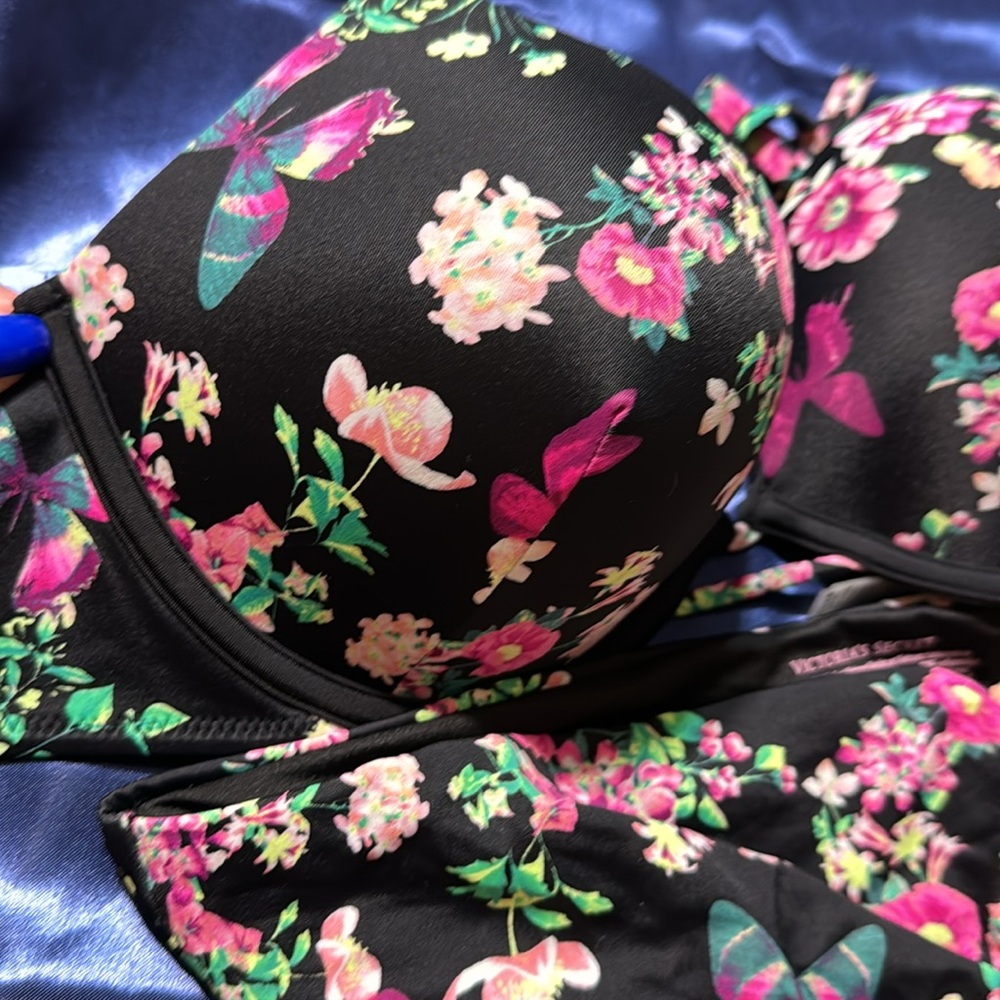 Victoria's Secret Set Bombshell Swim Bikini Bra/Bottom black floral size L 36B - Picture 14 of 15